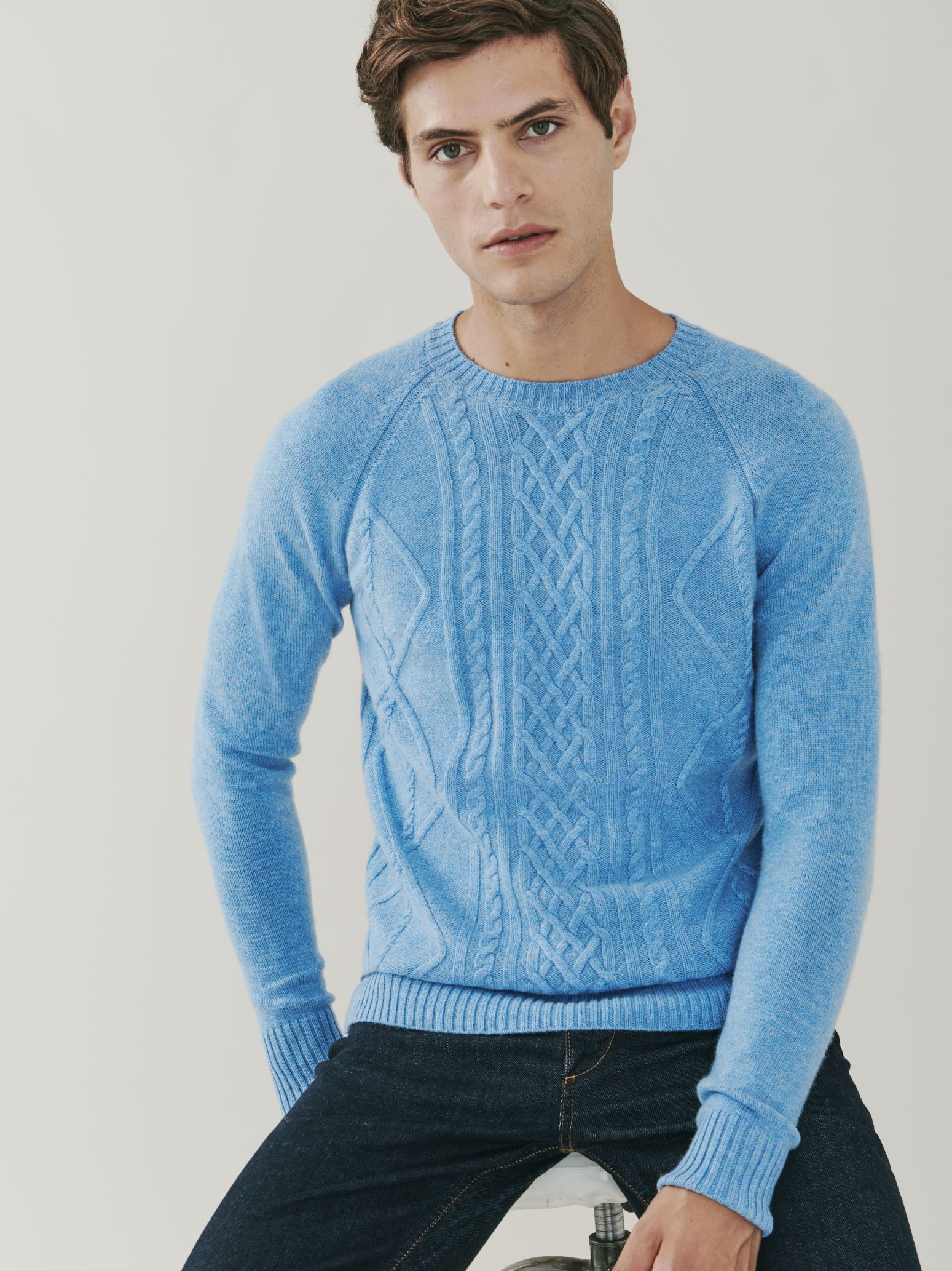 Mens cable knit cashmere crew neck sweater soft blue