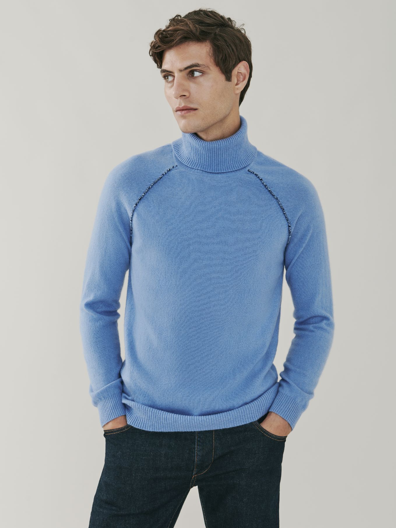 Mayfair Detail Cashmere Roll Neck Sweater – Soft Blue