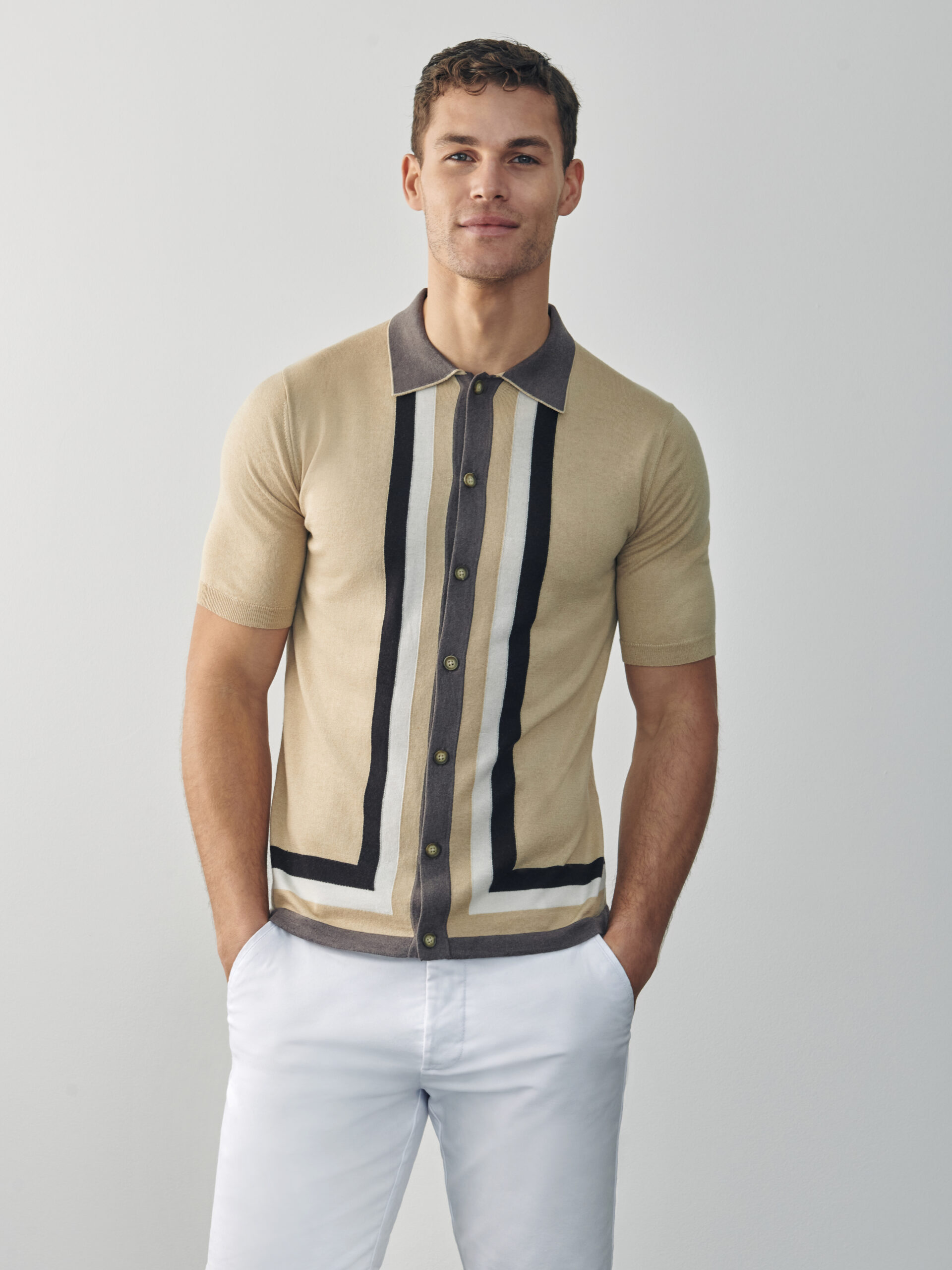 Mens silk and cashmere lightweight camel stripe detail polo shirt
