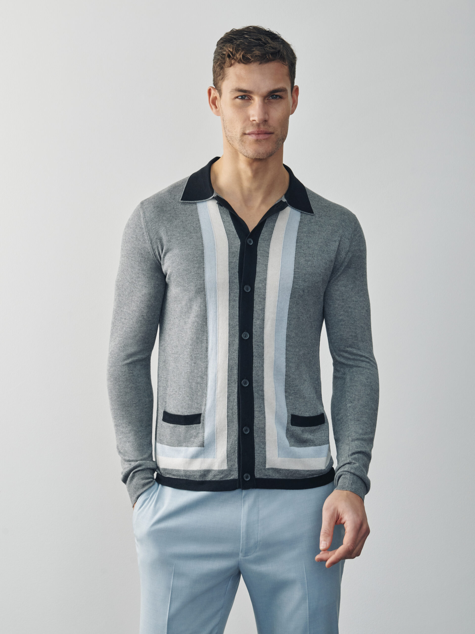 Luxury mens long sleeve silk blend polo shirt in grey